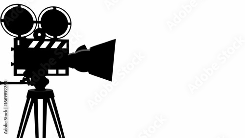 Silhouette of vintage movie camera with clapperboard on tripod against a plain white background scene