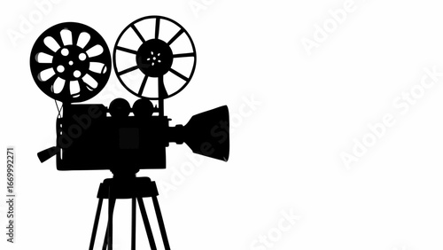 Silhouette of a vintage movie camera with two reels on a tripod against a white background is presented