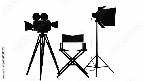 A black and white silhouette of a vintage camera, director chair, and studio light setup on a white backdrop