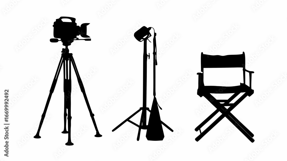 Obraz premium Silhouette of a film camera on a tripod, a light on a stand, and a director's chair in a row