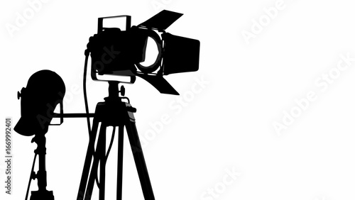 Silhouette of professional studio lighting equipment on tripods against a plain white background space