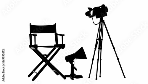 Silhouette of a director chair, studio light, and camera on a tripod against white background