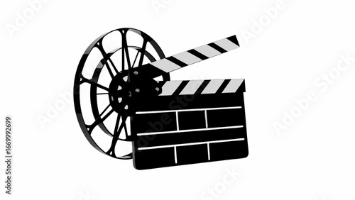 A film reel and a clapperboard are presented in a black and white rendering on a plain white background