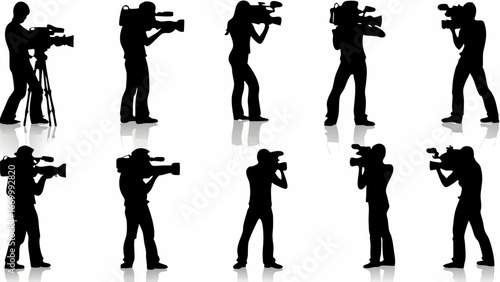 Silhouette depiction of ten individuals operating video cameras in various stances and positions