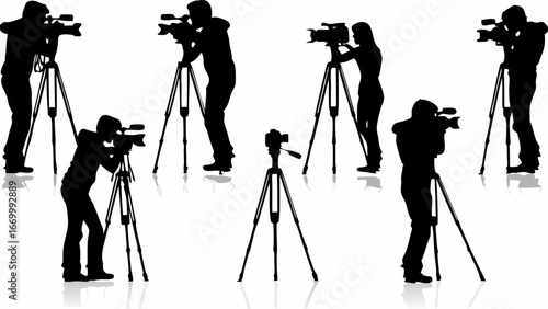 Silhouettes of several cameramen with cameras on tripods against a white background in a studio setting
