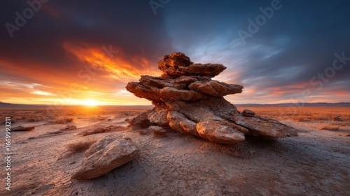 A striking rock formation under a breathtaking sunset, showcasing dramatic colors and textures that evoke a sense of wonder and connection with nature's beauty.