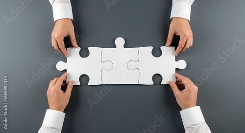 Two pairs of hands meticulously fitting puzzle pieces together, signifying collaboration and unity on a neutral gray surface.