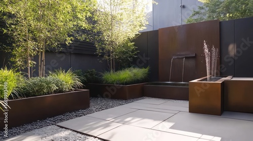 Modern garden design featuring a Corten steel water feature and stylish landscaping