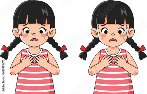 Sick child, rash symptoms, chickenpox illustration, pediatric illness, medical concept, skin condition, healthcare, red spots, worried face, disease awareness