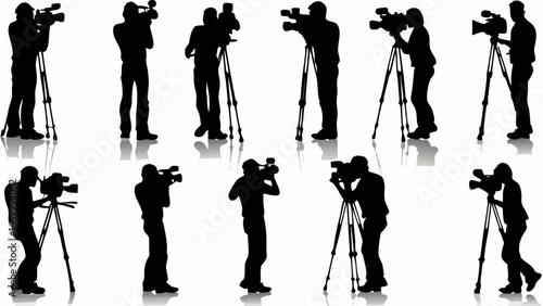 Silhouettes of cameramen with cameras on tripods capturing video and photos in a studio environment setting