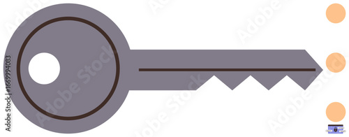 Gray key with circular head and jagged edge pointing to three orange dots. Ideal for security, access, data protection, encryption, opportunities, solutions, privacy. Simple flat metaphor
