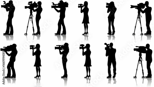 Silhouettes of cameramen and women holding cameras and using tripods in various poses and positions
