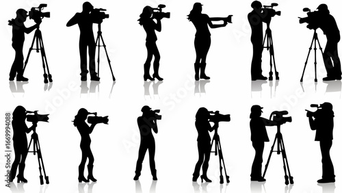 Silhouette depictions of camera operators with tripods in various stances and positions on a white background