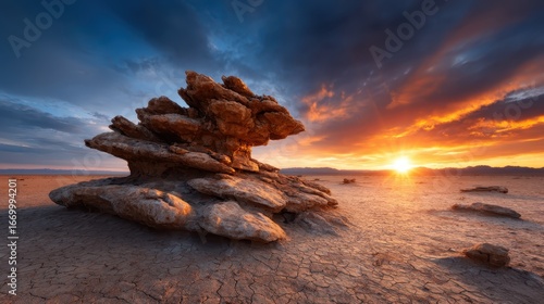 An awe-inspiring desert landscape features a dramatic rock formation at sunset, capturing nature's beauty and the peaceful solitude of vast, arid environments.