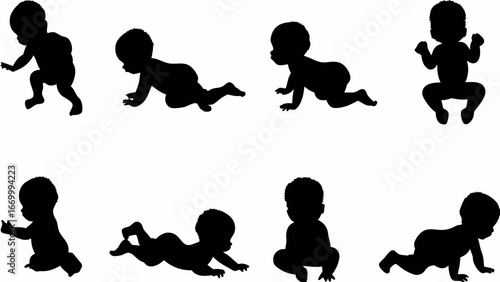 Silhouettes of babies in various poses showing crawling sitting and standing on a white background scene