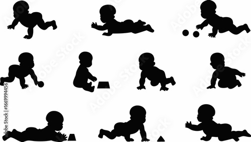 Silhouette illustration showing several babies crawling and playing with toys on a white background