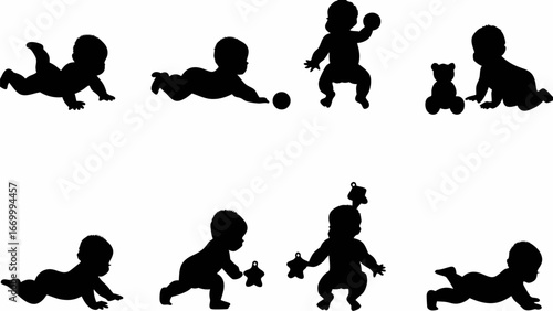 Silhouette of babies in various poses playing with toys and crawling on a white background design art