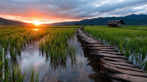 A breathtaking sunset casts golden hues over serene rice fields, creating a picturesque landscape that embodies tranquility and the beauty of nature at dusk.