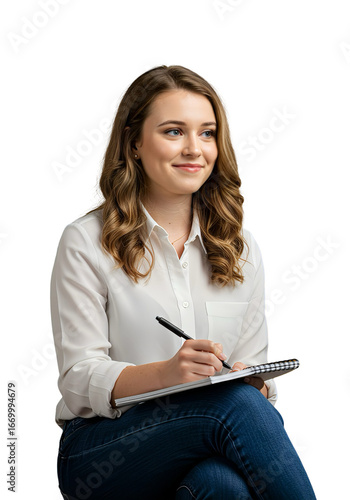 Young Caucasian Woman Taking Notes with Pen, Transparent Background