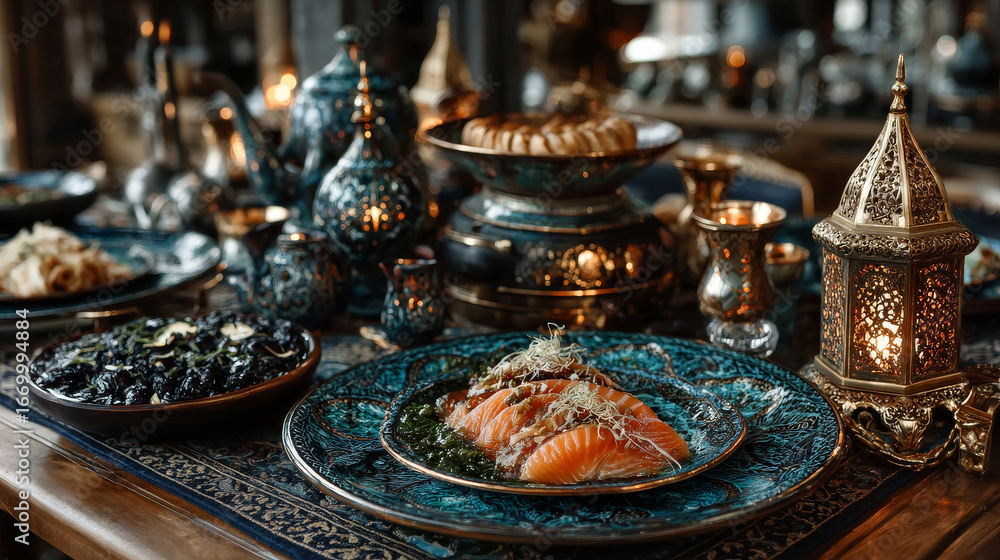 Fototapeta premium Arabic cuisine; Middle Eastern traditional breakfast. Ramadan 'Suhur' or 'Sahur'.Islamic term referring to the meal consumed early in the morning by Muslims before fasting. turkish oriental food iftar