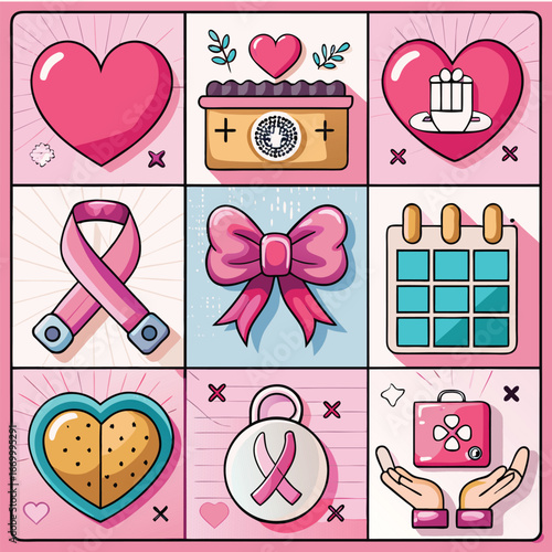 Breast Cancer Awareness Icon Set. A vector collection of pink ribbon symbols for support and fundraising
