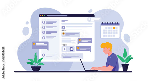 Illustration of man working on laptop with calendar and todo listIllustration of man working on laptop with calendar and todo list
