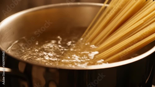 Spaghetti bends in boiling water, captured in close-up with rising steam and warm kitchen light