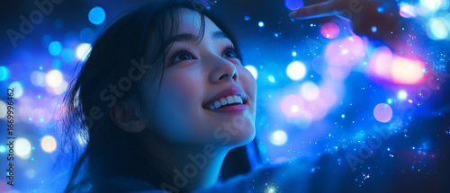 A girl happily looks up at the shining lights and bokeh effects, creating an atmosphere of magic and dreaminess — for cover designs, holiday event advertisements, motivational posts 