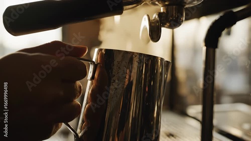 Steam swirls as milk foams in a barista’s pitcher, captured close-up with golden café lighting