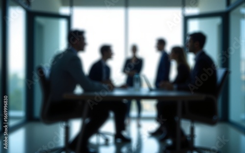 Group of businesspeople negotiating gathered in modern conference room, blurred silhouettes view, meeting behind closed glass doors. Business communication, workflow, decision-making, strategy sharing