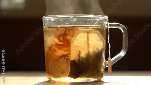 Tea swirls in hot water as the bag steeps, with soft steam and warm natural light in close-up