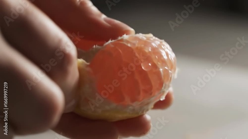 he thin skin is peeled from a grapefruit segment, revealing glistening citrus texture beneath