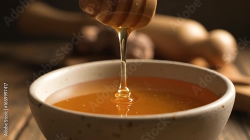 Thick honey drips slowly from a dipper, forming glossy ribbons in warm golden light