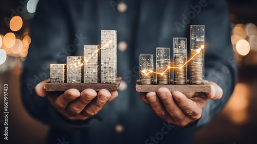 comparing datasets with layered holographic bar charts and trend lines