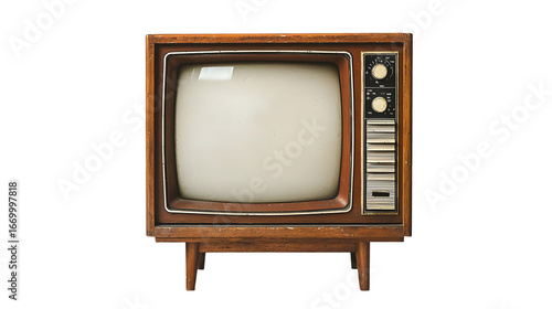 An old vintage retro tv television set with blank screen isolated on a transparent background
