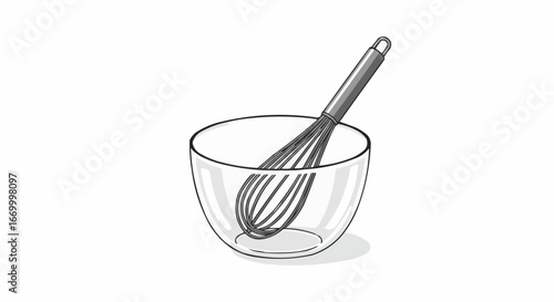 Whisk placed inside clear glass mixing bowl on white background  