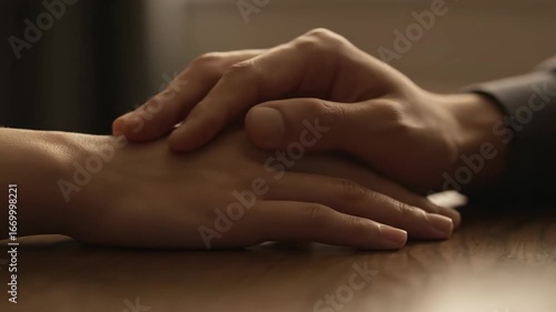 wo hands hold gently across a table, offering comfort in a quiet, emotional moment