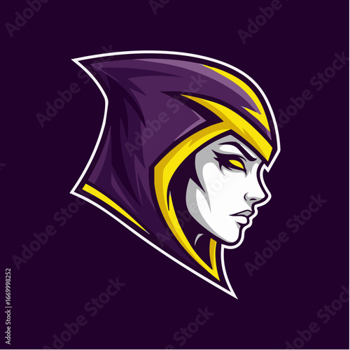 Esports mascot profile of a mysterious woman in a purple and yellow hood
