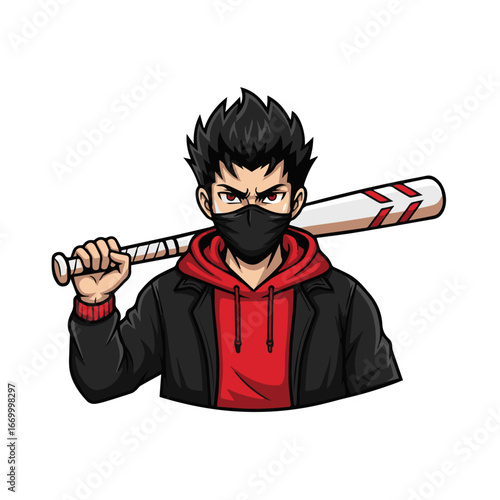Fierce masked character with baseball bat and intense red eyes, gaming mascot