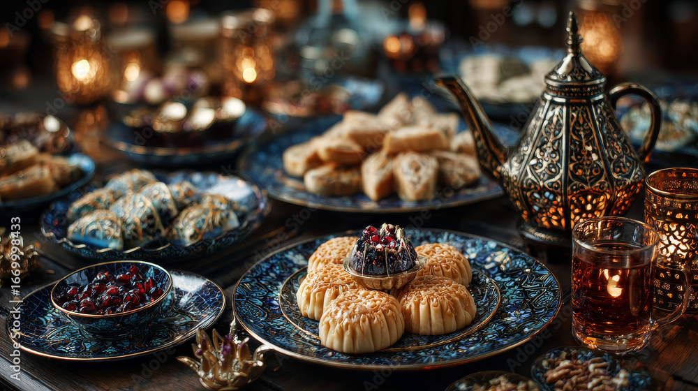 Naklejka premium Arabic Cuisine; Eid sweets(kahk, maamoul or mamoul ,biscuits, petit four) Cookies for celebration of El-Fitr Islamic Feast Ramadan sweets. Delicious traditional biscuits
