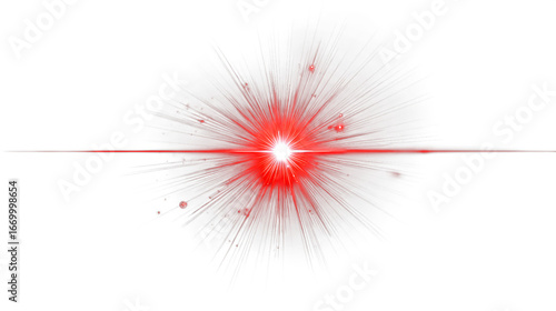  bright, intense red laser beam bursting with energy and focus isolated on white background
