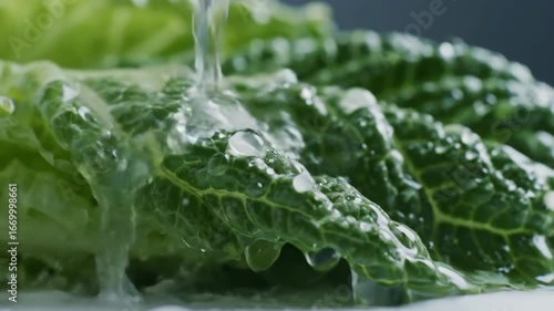 Water droplets slide across crisp lettuce, highlighting its fresh texture and natural surface