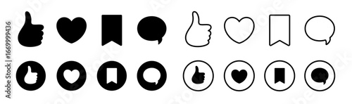 SNSのアクションアイコン｜保存・チャット・ハート・いいね・グッドサインのアイコン ベクターイラスト