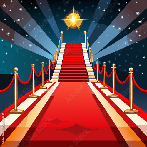 A realistic, cinematic photo of a glamorous red carpet event. The scene shows a luxurious red carpet leading forward with elegant golden stanchions and red velvet ropes on both sides. Bright spotlight