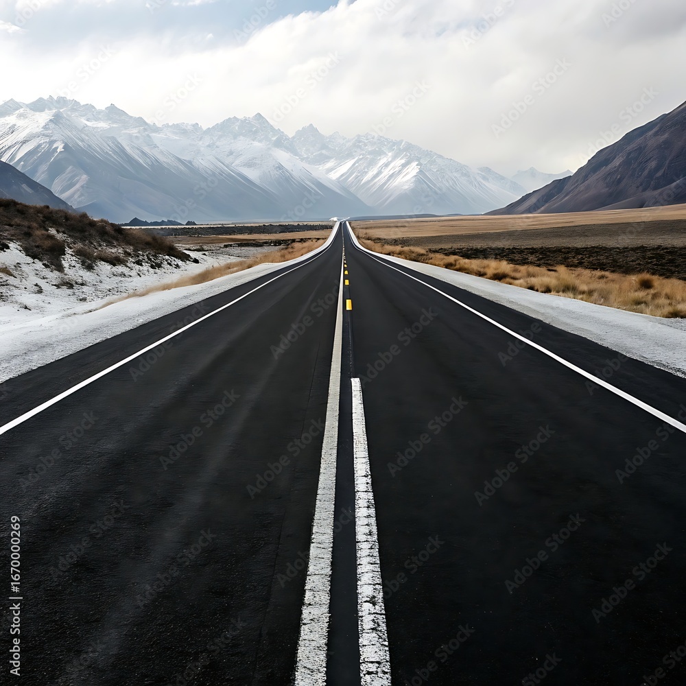Fototapeta premium Empty asphalt road stretching towards snow capped mountains under a cloudy sky