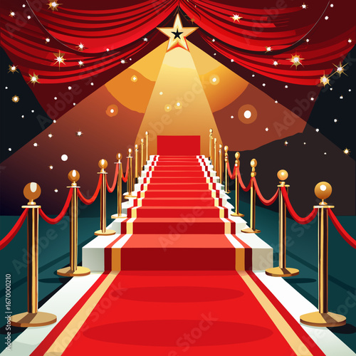 A realistic, cinematic photo of a glamorous red carpet event. The scene shows a luxurious red carpet leading forward with elegant golden stanchions and red velvet ropes on both sides. Bright spotlight