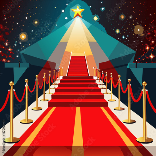 A realistic, cinematic photo of a glamorous red carpet event. The scene shows a luxurious red carpet leading forward with elegant golden stanchions and red velvet ropes on both sides. Bright spotlight