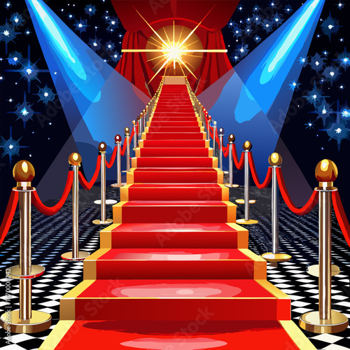 A realistic, cinematic photo of a glamorous red carpet event. The scene shows a luxurious red carpet leading forward with elegant golden stanchions and red velvet ropes on both sides. Bright spotlight