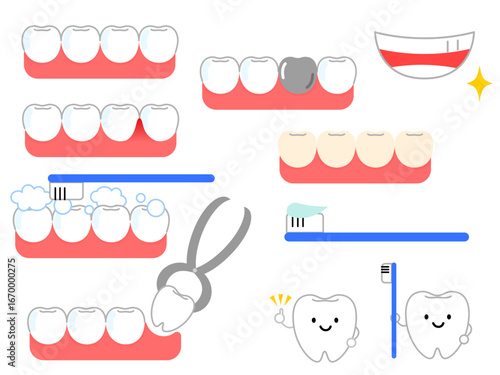 Dental hygiene and care illustrations showing teeth, gums, brushing, cavity, extraction, and a happy tooth character.