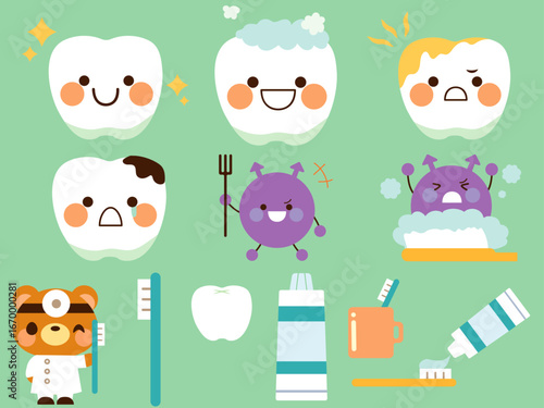Cartoon teeth showing healthy and unhealthy dental hygiene, with a dentist bear and dental products.